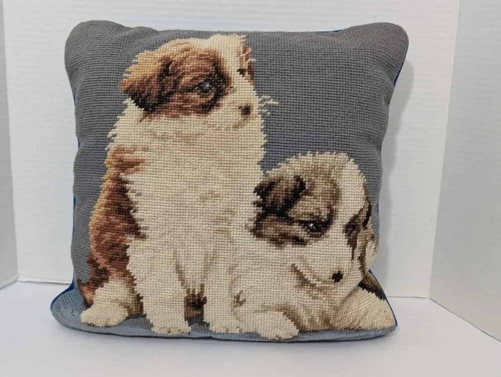 Needlepoint Saint Bernard Puppies Pillow Imperial Elegance Blue Fabric